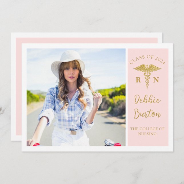 Invitation Pink & Gold Nursing School Photo Graduation Party (Devant / Derrière)