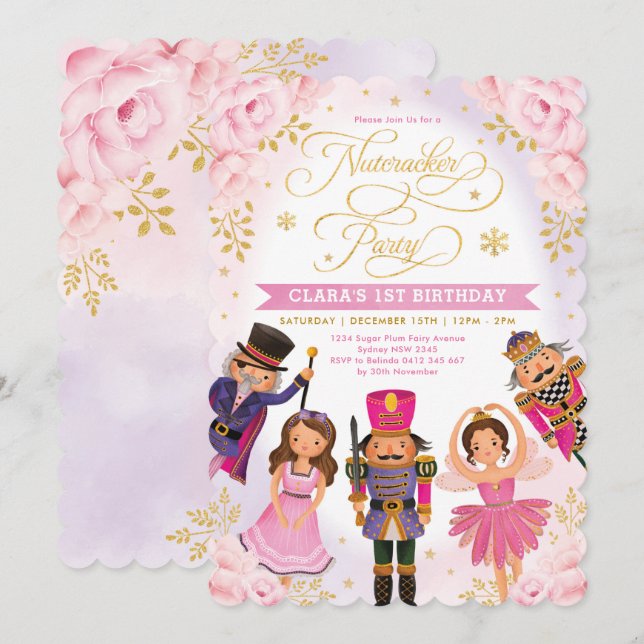 Invitation Pink Gold Nutcracker Party Winter Floral Anniversa (Devant / Derrière)