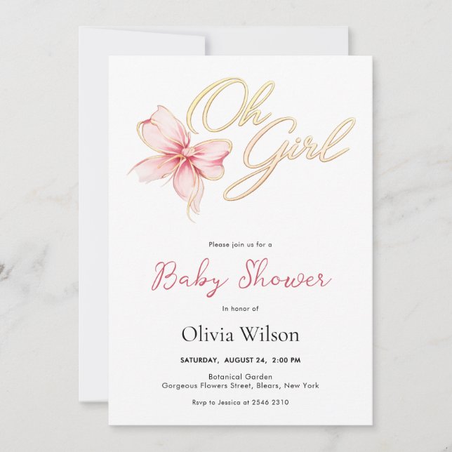 Invitation Pink & Gold “Oh Girl” Gold Typography Baby Shower (Devant)