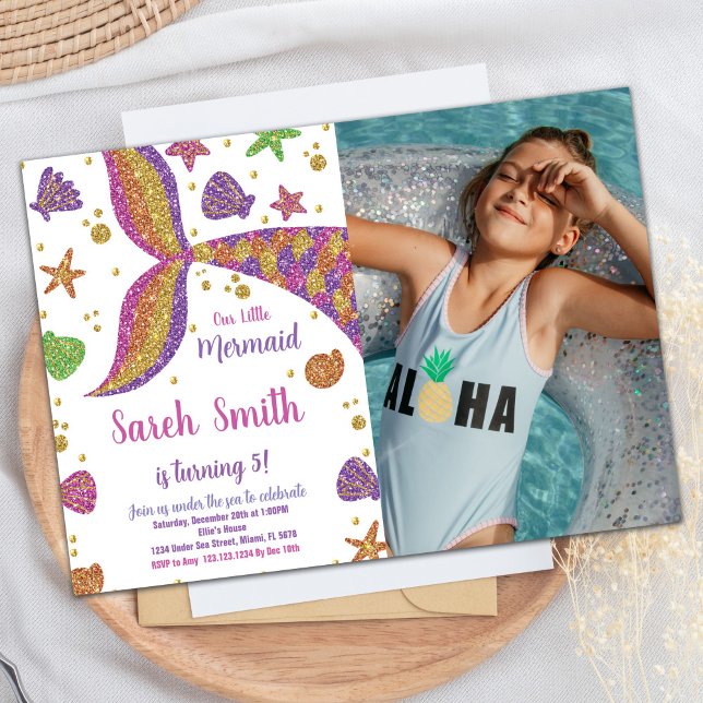 Invitation Pink Gold Parties scintillant Mermaid Queue Annive (Pink Gold Glitter Mermaid Tail Birthday w Photo Invitation)