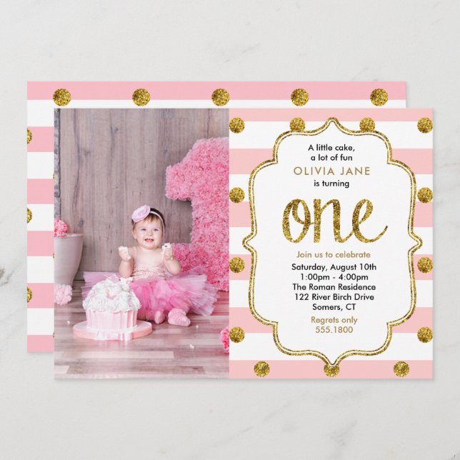 Invitation Pink, Gold Parties scintillant Premier anniversair (Devant / Derrière)
