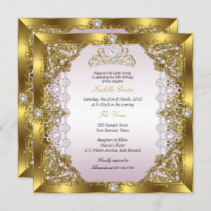 Invitation Pink Gold Pearl Dentelle Tiara Damask Anniversaire