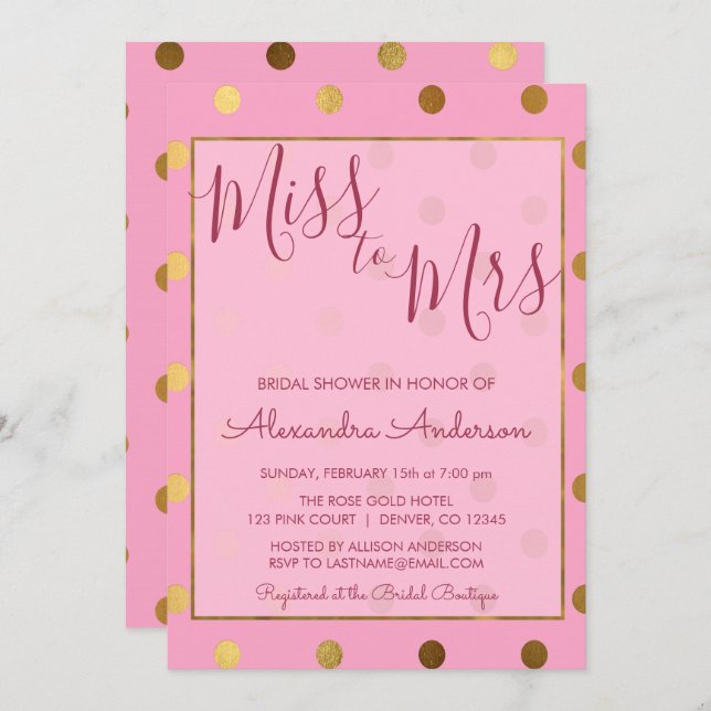 Invitation Pink & Gold Polka Dot Miss à Mme Fête des mariées (Devant / Derrière)