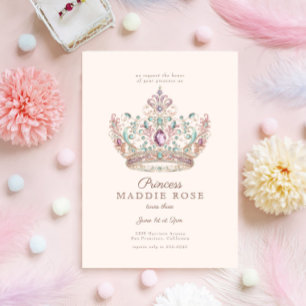 Invitation Pink Gold Princess Crown Fairytale Anniversaire