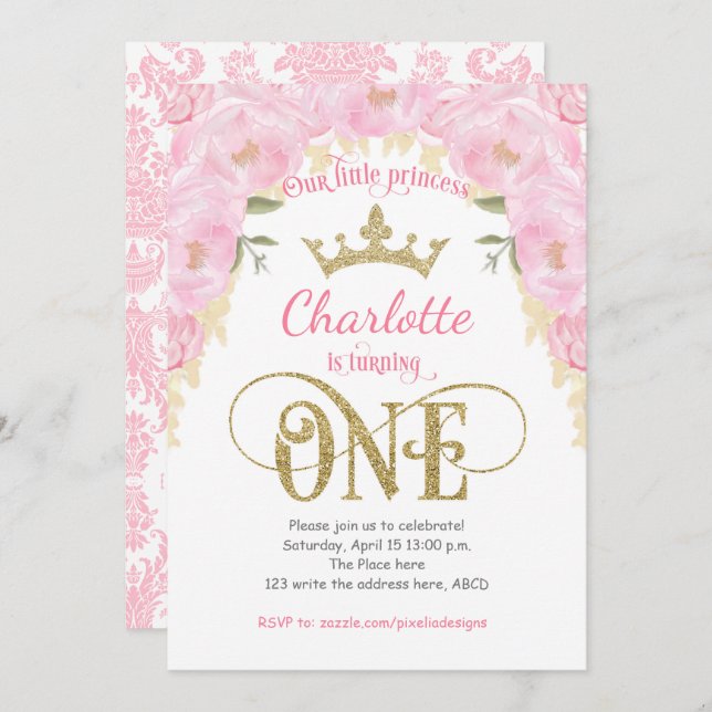 Invitation Pink Gold Princess Floral 1er Anniversaire (Devant / Derrière)