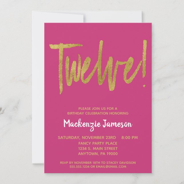 Invitation Pink Gold Script 12e anniversaire de fête Invitati (Devant)