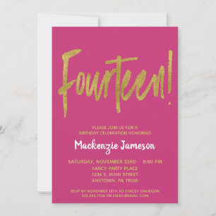 Invitation Pink Gold Script 14e anniversaire de fête Invitati