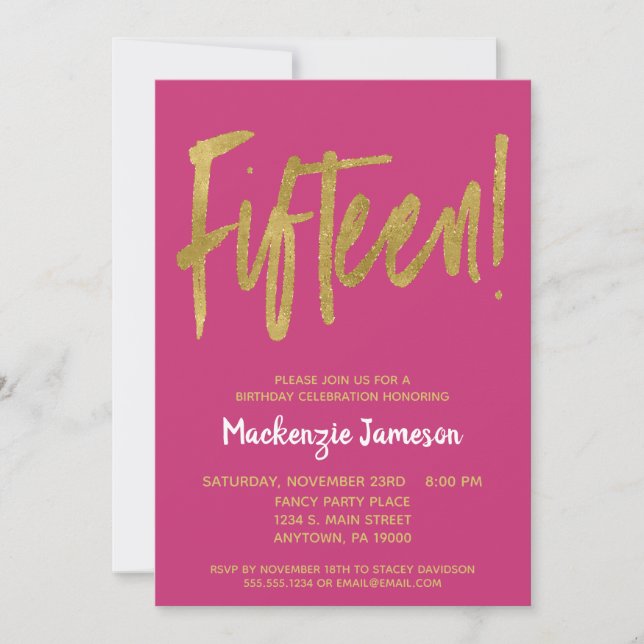 Invitation Pink Gold Script 15e anniversaire de fête Invitati (Devant)