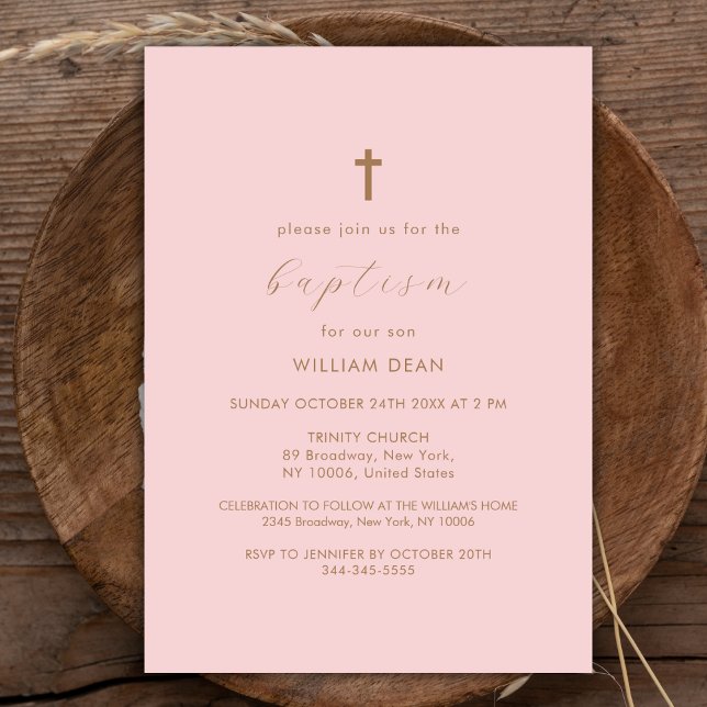 Invitation Pink & Gold Script moderne Boho Cross Baptism (Pink & Gold Modern Script Boho Cross Baptism Invitation)