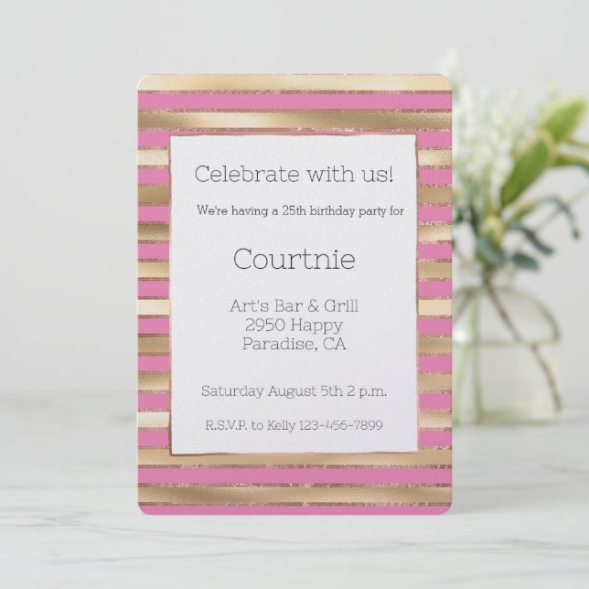 Invitation Pink Gold Stripes Anniversaire (Debout devant)