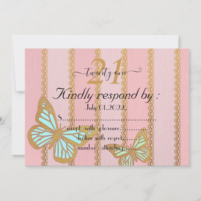 Invitation Pink Gold Stripes et Buterfly 21e anniversaire (Devant)