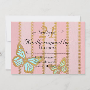 Invitation Pink Gold Stripes et Buterfly 21e anniversaire