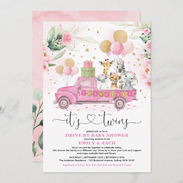 Invitation Pink Gold Twin Girls Safari Drive Par Baby shower (Devant / Derrière)