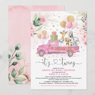 Invitation Pink Gold Twin Girls Safari Drive Par Baby shower