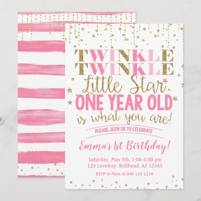 Invitation Pink & Gold Twinkle Little Star 1er anniversaire (Devant / Derrière)