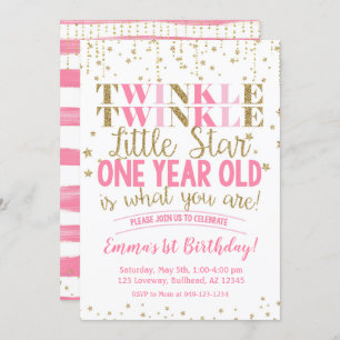 Invitation Pink & Gold Twinkle Little Star 1er anniversaire