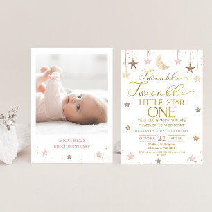 Invitation Pink Gold Twinkle Little Star Photo Anniversaire