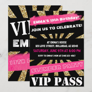 Invitation Pink & Gold VIP PASS Girls Sleepover Adolescent Gi