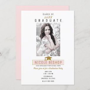 Invitation Pink Gold White Minimal Photo Graduation Party