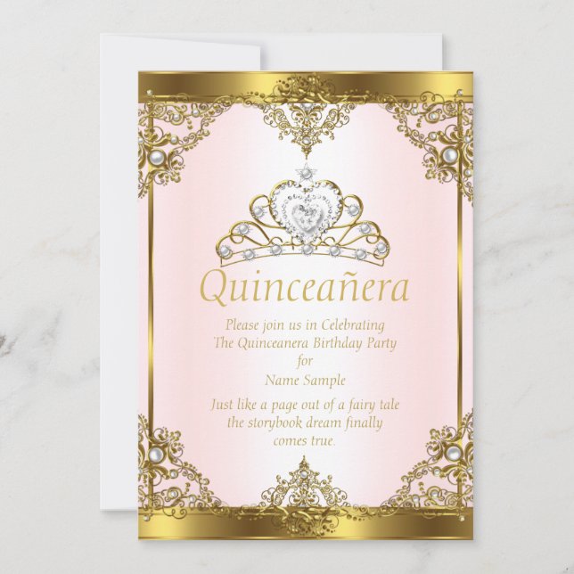 Invitation Pink Gold White Pearl Princess Quinceanera (Devant)