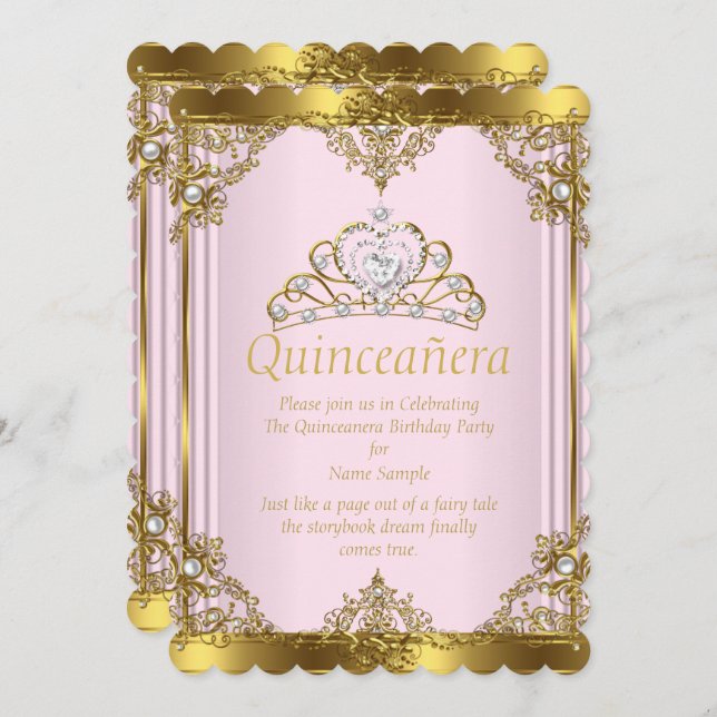 Invitation Pink Gold White Pearl Princess Quinceanera 2 (Devant / Derrière)