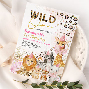 Invitation Pink Gold Wild One Safari Party Animaux Anniversai