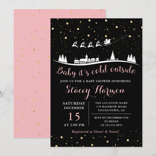 Invitation Pink Gold Winter Baby Son froid Baby shower extéri (Devant / Derrière)