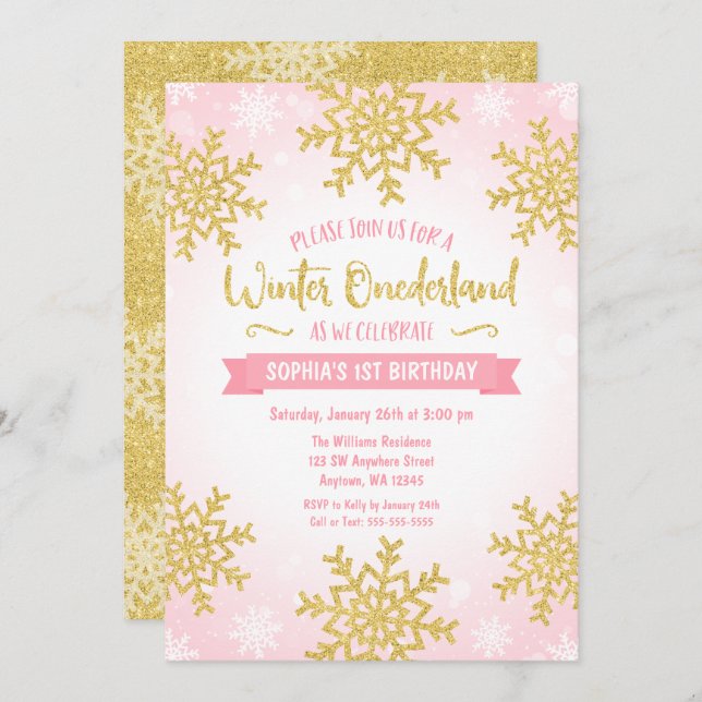 Invitation Pink Gold Winter ONEderland 1er anniversaire (Devant / Derrière)