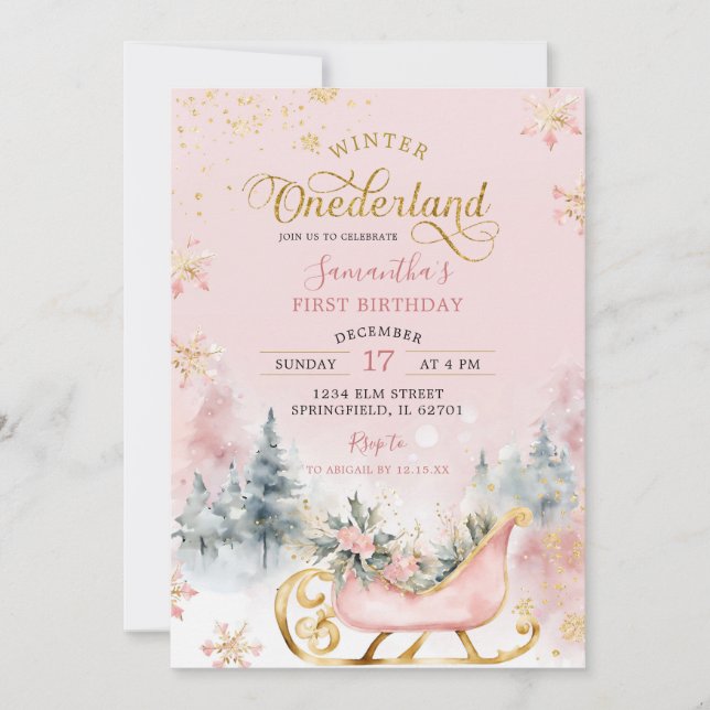 Invitation Pink Gold Winter Onederland 1er Anniversaire Forêt (Devant)