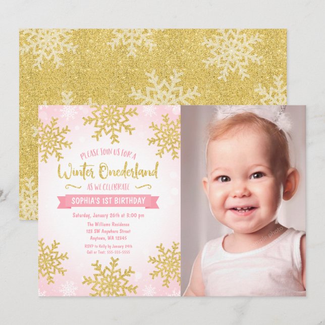Invitation Pink Gold Winter ONEderland 1er anniversaire Photo (Devant / Derrière)