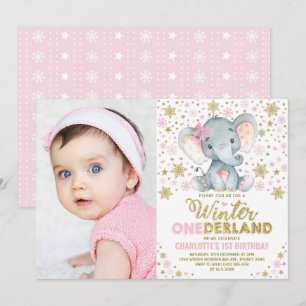 Invitation Pink Gold Winter Onederland Elephant 1er anniversa