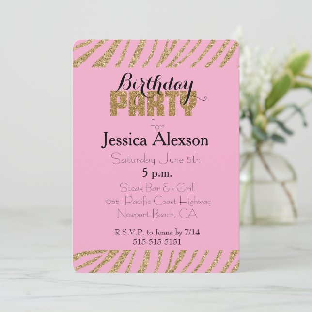 Invitation Pink Gold Zebra Imprimer Faux Parties scintillant  (Debout devant)