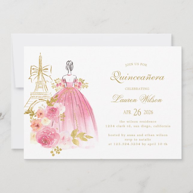 Invitation Pink Golden Floral Paris Chic Quinceanera (Devant)