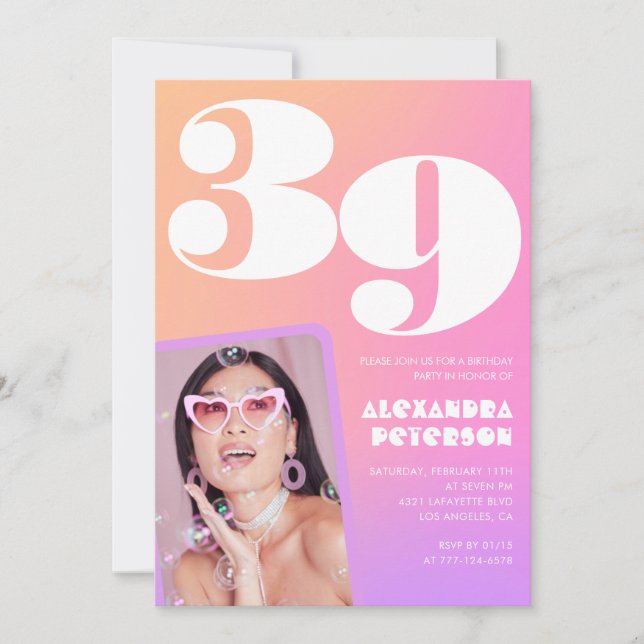Invitation Pink Gradient Retro Photo 39e anniversaire (Devant)