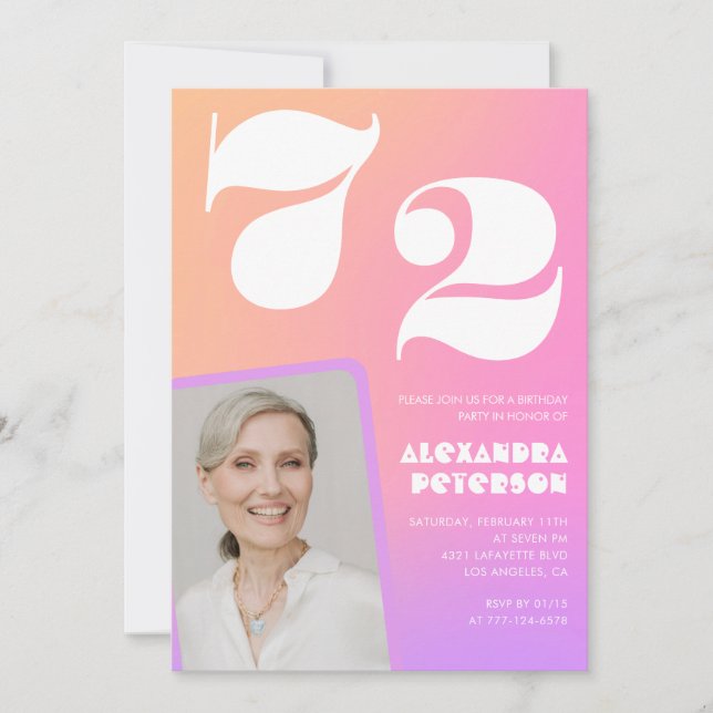 Invitation Pink Gradient Retro Photo 72e anniversaire Invitat (Devant)