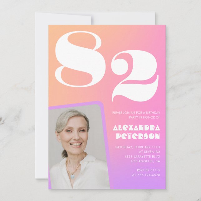 Invitation Pink Gradient Retro Photo 82e anniversaire (Devant)