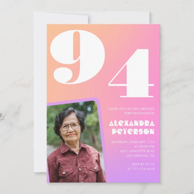 Invitation Pink Gradient Retro Photo 94e anniversaire (Devant)