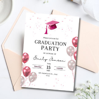 Invitation Pink Graduation Party Girls Balloons Modern Grad