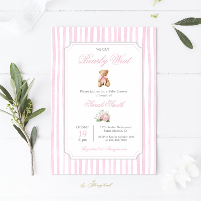 Invitation Pink Grandmillennial Teddy Bear Baby shower Girl (Créateur téléchargé)