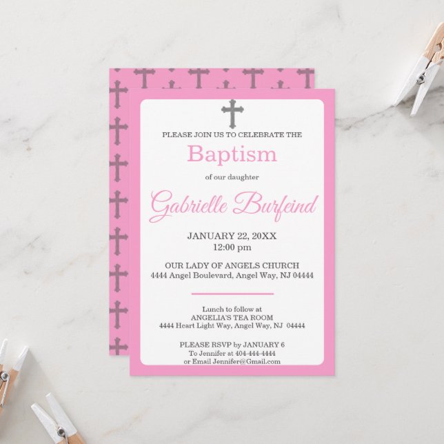 Invitation Pink & Gray Cross Watercolor Baptism (Devant/Arrière en situation)