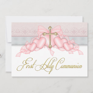 Invitation Pink Gray Gold Cross Girls Pink First Communion