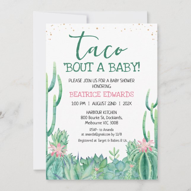 Invitation Pink Green Cactus Taco 'Bout A Baby Baby shower (Devant)