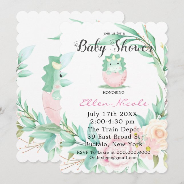 Invitation Pink Green Cute Dinosaur Peony Baby showers Invita (Devant / Derrière)