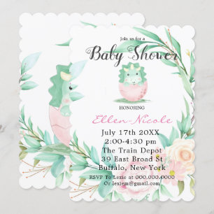 Invitation Pink Green Cute Dinosaur Peony Baby showers Invita