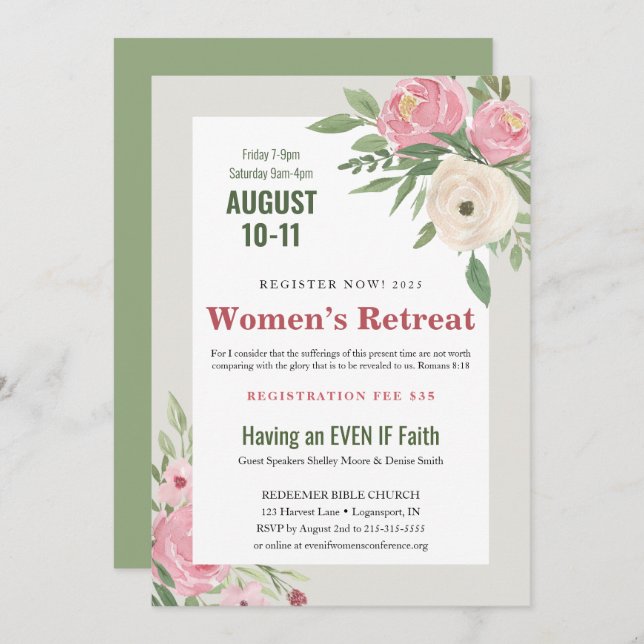 Invitation Pink Green Floral Church Retraite féminine (Devant / Derrière)