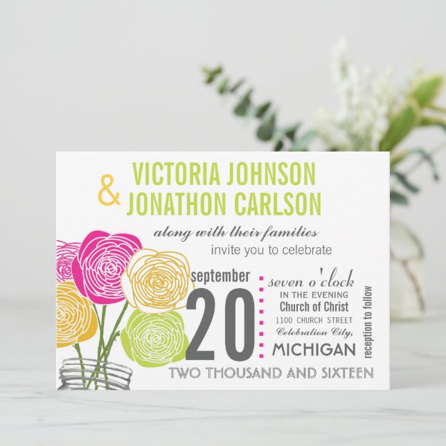 Invitation Pink Green Jaune photo Floral ModernTypographie (Debout devant)