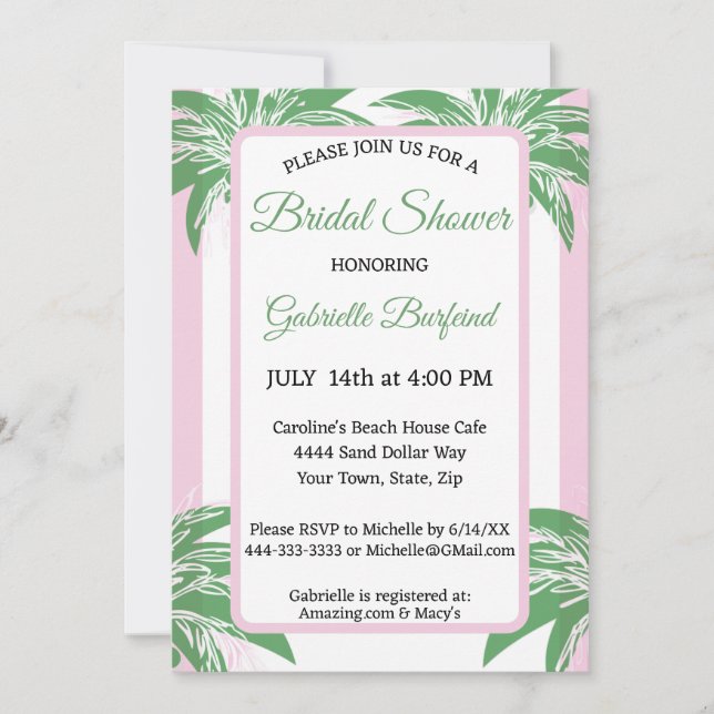 Invitation Pink & Green Palm Bridal Shower Tropical  (Devant)