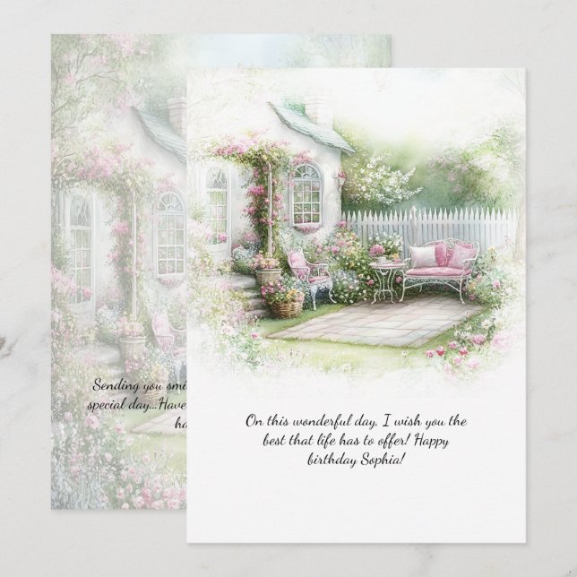Invitation Pink Green Patio Garden Setting Birthday | (Devant / Derrière)