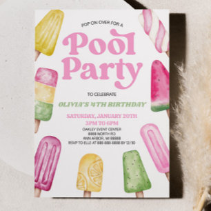Invitation Pink Green Pool Party Popsicle Anniversaire