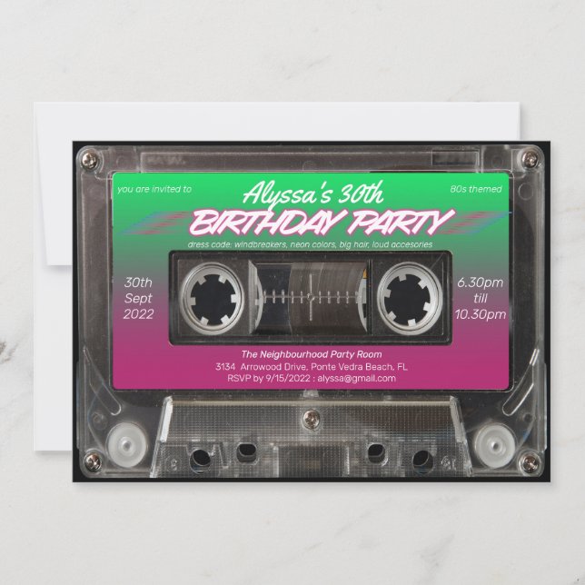 Invitation Pink Green Retro 80s Neon Cassette Anniversaire (Devant)